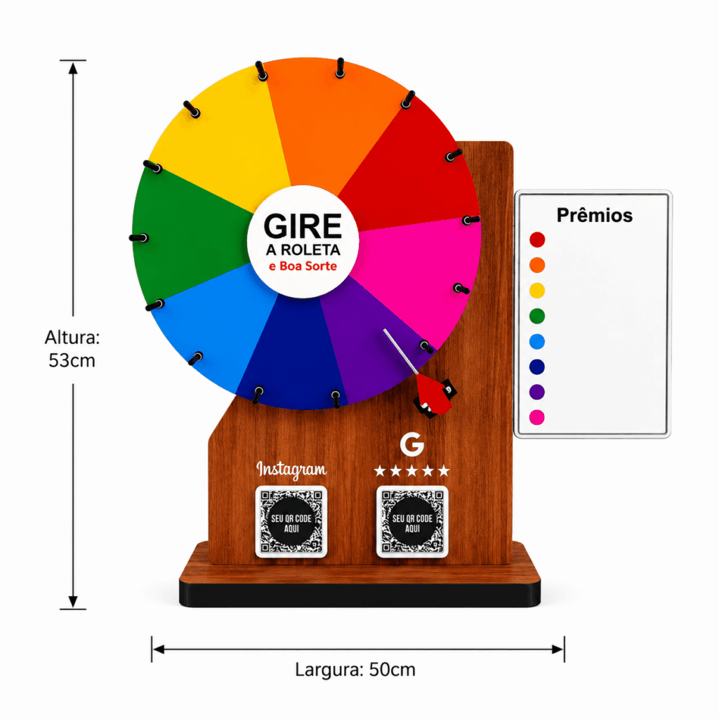 Roleta balcão Qr Code prêmios disco 35cm MDF c/suporte