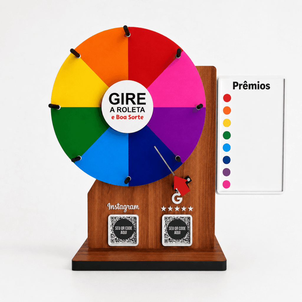 Roleta balcão Qr Code prêmios disco 25cm MDF c/suporte