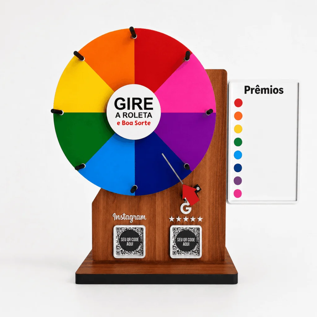 Roleta balcão Qr Code prêmios disco 25cm MDF c/suporte
