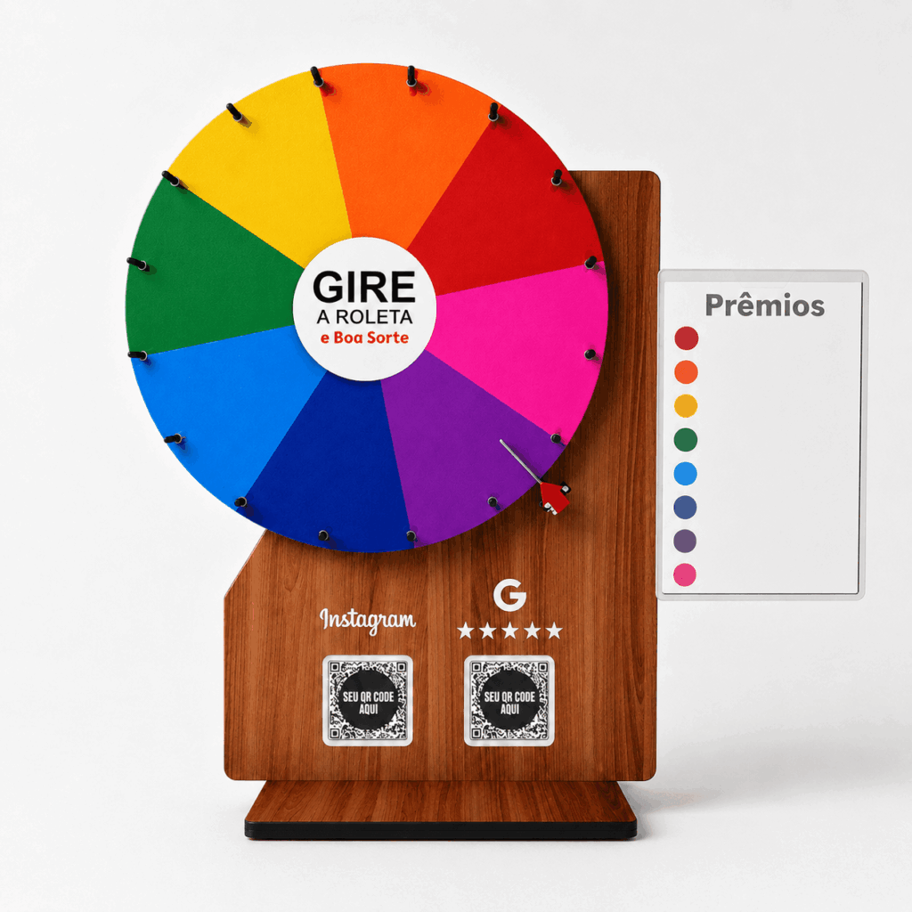 Roleta balcão Qr Code prêmios disco 45cm MDF c/suporte