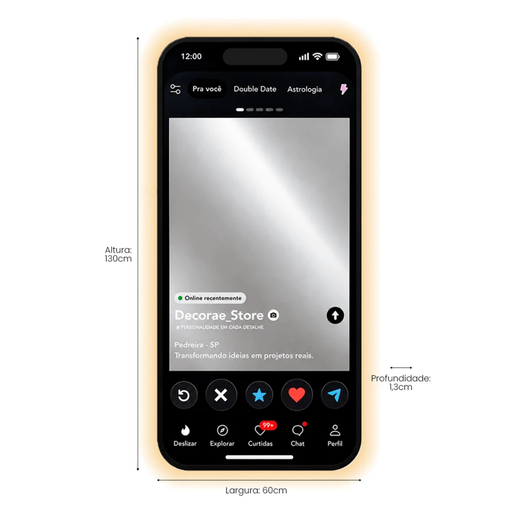 Espelho Tinder Personalizado LED Instagramável 130x60cm