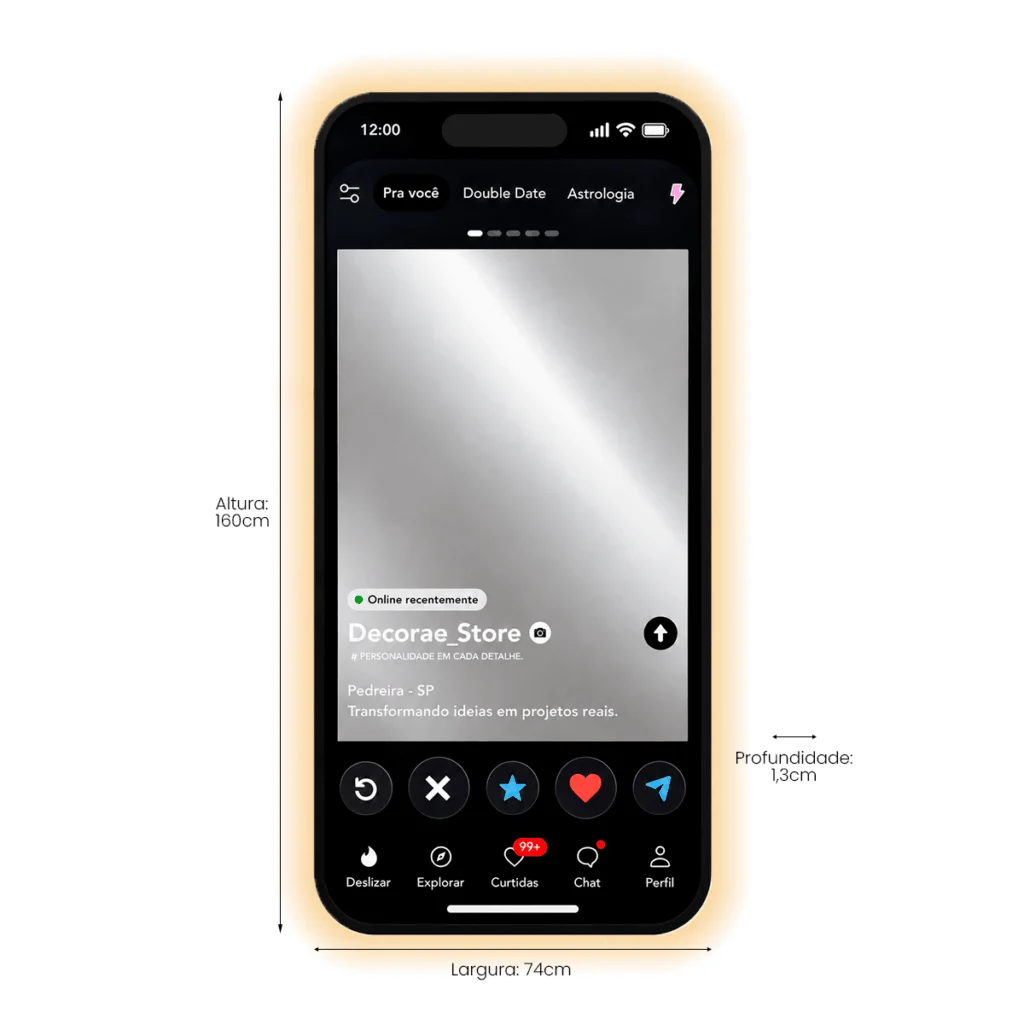Espelho Tinder Personalizado LED Instagramável 160x74cm