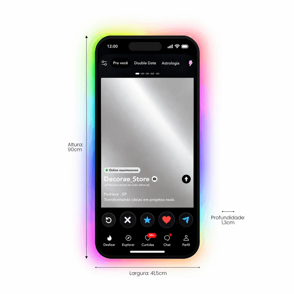 Espelho Tinder Personalizado LED RGB Instagramável 90x41,5cm