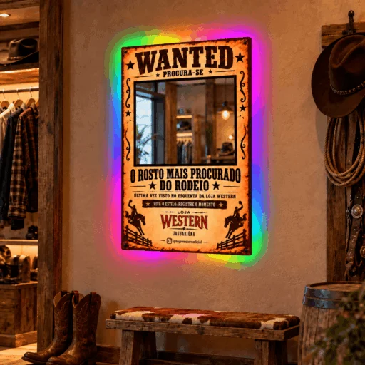 Espelho Wanted Personalizado LED RGB Instagramável 135x96cm