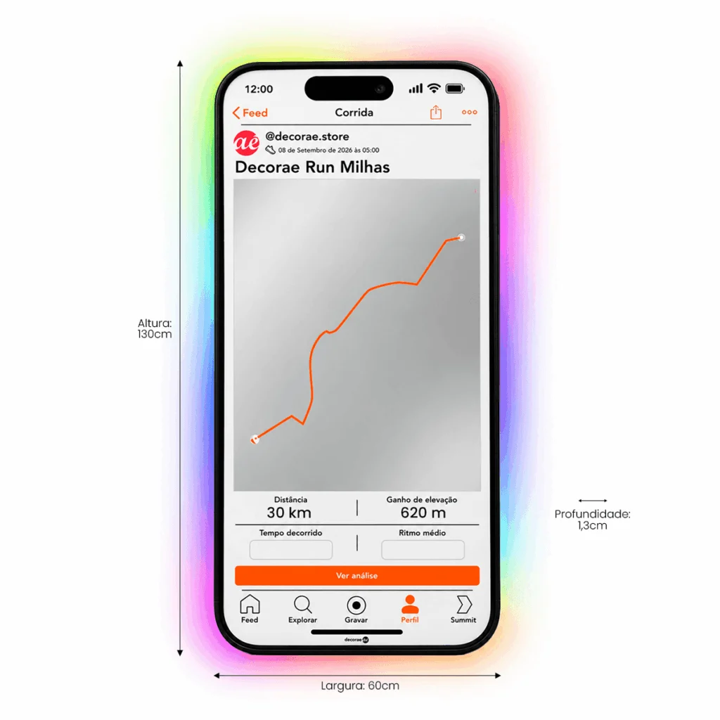 Espelho Strava Personalizado LED RGB Instagramável 130x60cm