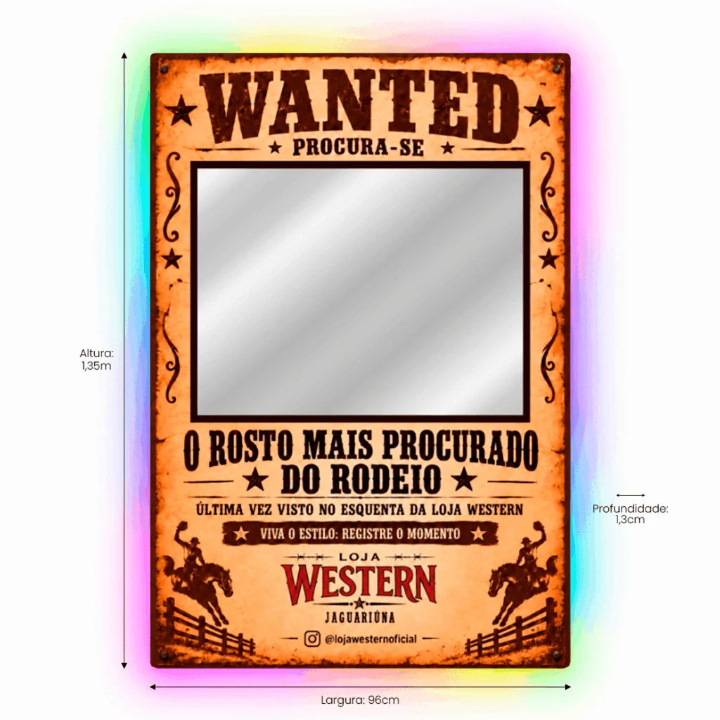 Espelho Wanted Personalizado LED RGB Instagramável 135x96cm