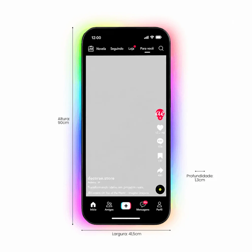 Espelho TikTok Personalizado LED RGB Instagramável 90x41,5cm