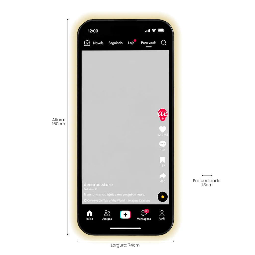 Espelho TikTok Personalizado com LED Instagramável 160x74