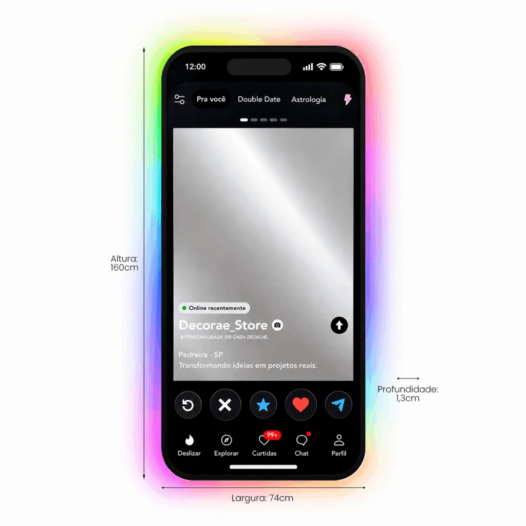 Espelho Tinder Personalizado LED RGB Instagramável 160x74cm