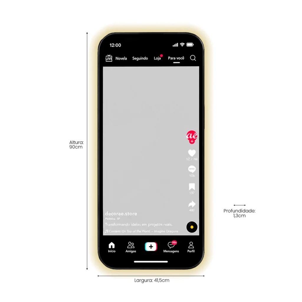 Espelho TikTok LED Decorativo Formato Celular Instagramável 90x41,5cm