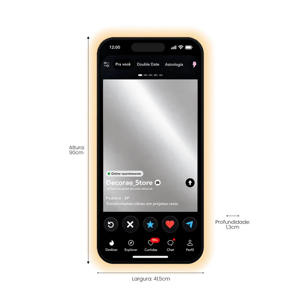 Espelho Tinder Personalizado LED Instagramável 90x41,5cm