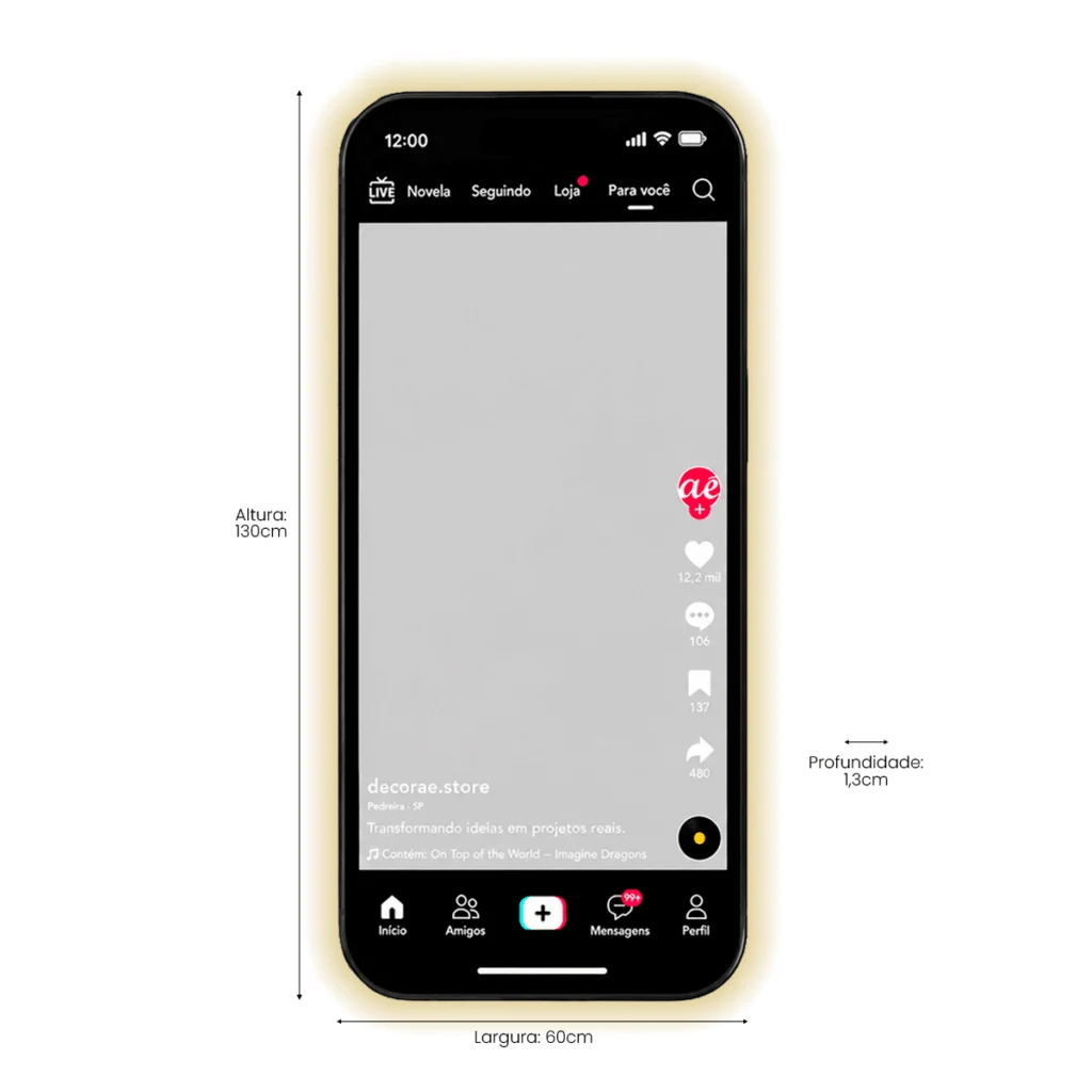 Espelho TikTok Personalizado com LED Instagramável 130x60