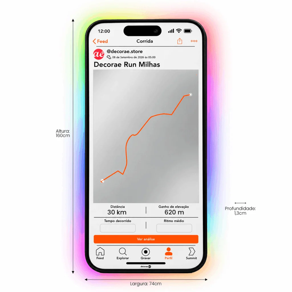 Espelho Strava Personalizado LED RGB Instagramável 160x74cm