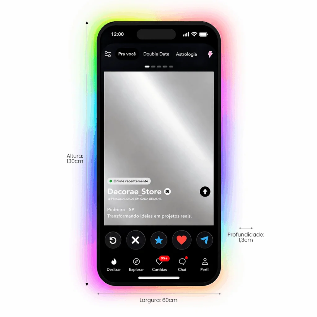 Espelho Tinder Personalizado LED RGB Instagramável 130x60cm